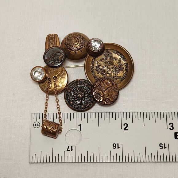 Fashion‎ Brooch Brass Buttons Circles Clear Accents - Picture 3 of 3